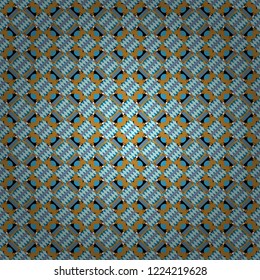 Regularly repeating tiles grids with yellow, blue and neutral dots, polygons, hexagons, rhombuses, difficult polygonal outline shapes. Stylish geometric seamless pattern. Modern vector linear ornament