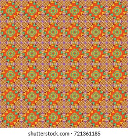 Regularly repeating tiles grids with yellow, beige and orange dots, polygons, hexagons, rhombuses, difficult polygonal outline shapes. Stylish geometric seamless pattern. Modern vector linear ornament