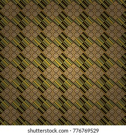 Regularly repeating tiles grids with yellow, black and brown dots, polygons, hexagons, rhombuses, difficult polygonal outline shapes. Stylish geometric seamless pattern. Modern vector linear ornament.