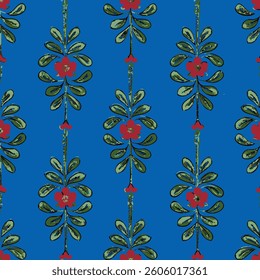 regularly spaced red flowers and green leaves on a deep blue background