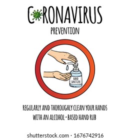 Regularly and thoroughly clean your hands with an alcohol-based hand rub to kill coronavirus COVID-19. Hand drawn icon. Vector illustration. Cartoon 2019-nCov symbol. Hand sanitizer bottle.