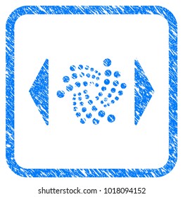Regulate Iota rubber seal stamp imitation. Icon vector symbol with grunge design and corrosion texture inside rounded frame. Scratched blue sticker on a white background.