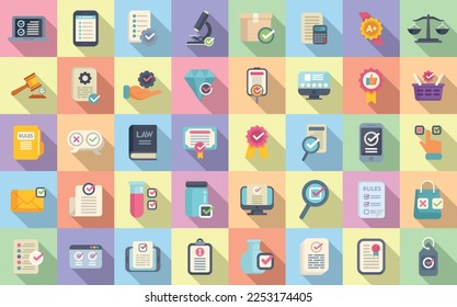 Regulated products icons set flat vector. Quality control. Safety test
