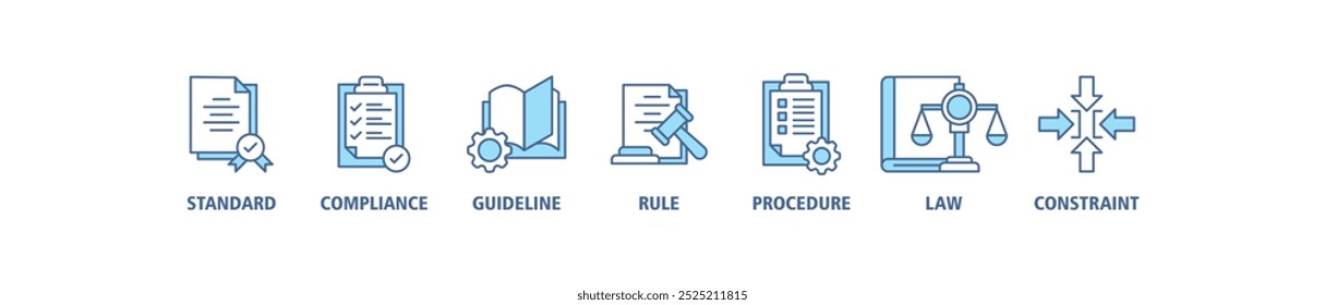 Regulamento banner web ícone conjunto vetor ilustração conceito com ícone de padrão, conformidade, diretriz, regra, procedimento, lei e restrição ícones infográficos símbolo fundo