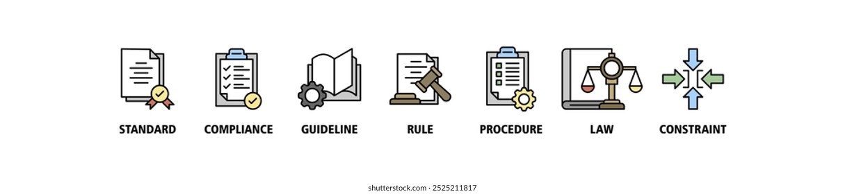 Regulation banner web icon set vector illustration concept with icon of standard, compliance, guideline, rule, procedure, law and constraint icons infographics symbol background