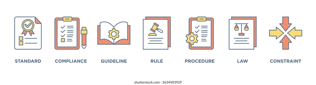 Regulamento banner web ícone conjunto vetor ilustração conceito com ícone de padrão, conformidade, diretriz, regra, procedimento, lei e restrição ícones infográficos símbolo fundo