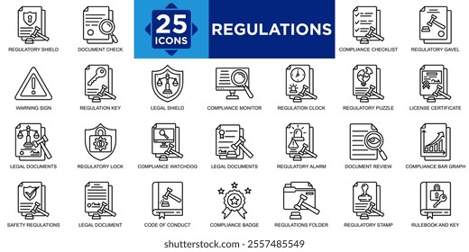 regulation, business, law, legal, compliance, technology icon set. Outline icons collection. Simple vector illustration