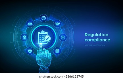 Regulación Cumplimiento del concepto de tecnología de internet de control financiero en pantalla virtual. Reg Tech. Normas de cumplimiento. Política de regulación legislativa. Interfaz digital con conexión de alambre. Ilustración del vector