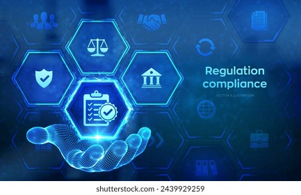 Regulación Conformidad de control financiero concepto de tecnología de Internet en pantalla virtual. Icono de reglas de conformidad en la mano del modelo de alambres. Reg Tech. Política de regulación de leyes. Ilustración vectorial.