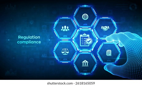 Regulation Compliance financial control internet technology concept. Compliance rules. Law regulation policy. Hand places an element into a composition visualizing Reg Tech. Vector illustration.
