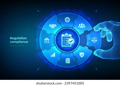 Regulación Concepto de tecnología de control financiero de conformidad. Normas de cumplimiento. Política de regulación legislativa. La mano del armazón de alambre coloca un elemento en una composición que visualiza Reg Tech. Ilustración vectorial.