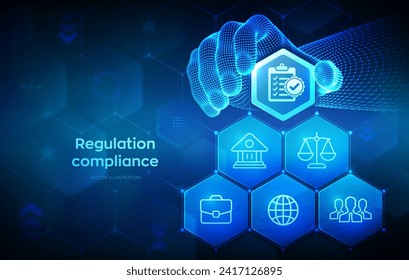 Regulación Concepto de tecnología de control financiero de conformidad. Normas de cumplimiento. Política de regulación legislativa. La mano del armazón de alambre coloca un elemento en una composición que visualiza Reg Tech. Ilustración vectorial.