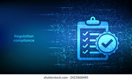 Icono de cumplimiento de normas hecho con código binario. Fondo de control financiero de Reg Tech. Normas de cumplimiento. Política de regulación legislativa. Fondo de matriz de código digital con dígitos 1.0. Ilustración vectorial.