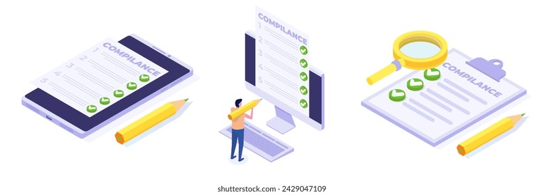 Cumplimiento de la normativa, lista de normas y conceptos legales establecidos. Colección Isometric Vector Illustrations. Puede utilizar para, página de destino, plantilla, web, página de inicio, póster, banner.