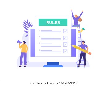 Regulation Compliance Rules Law vector illustration concept, people understanding rules with big computer and paper, can use for, landing page, template, ui, web, homepage, poster, banner, flyer