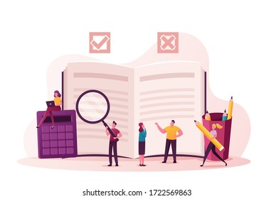 Regulation Concept. Tiny Characters Write Rules in Checklist with Law Information. Society Control Guidelines and Strategy for Company Order and Restrictions. Cartoon People Vector Illustration