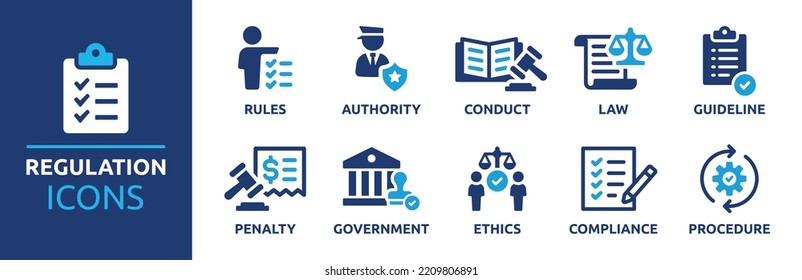 Regulation icon collection. Containing rules, authority, conduct, law, guideline, penalty, government, ethics, compliance and procedure icons. Vector illustration.