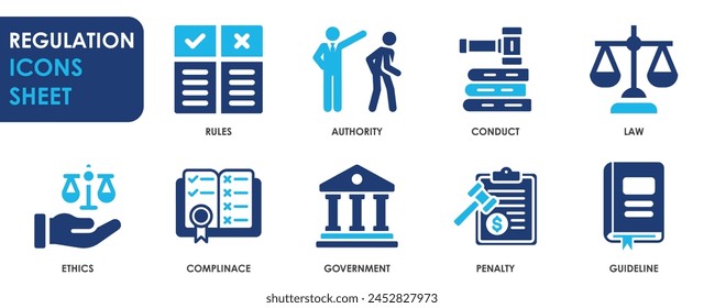 Regulation icon collection. Containing rules, authority and so on. Rules and law icons set.