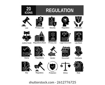 Regulation icon collection. Containing rules, authority, conduct, law, guideline, penalty, government, ethics, compliance and procedure icons. Vector illustration.