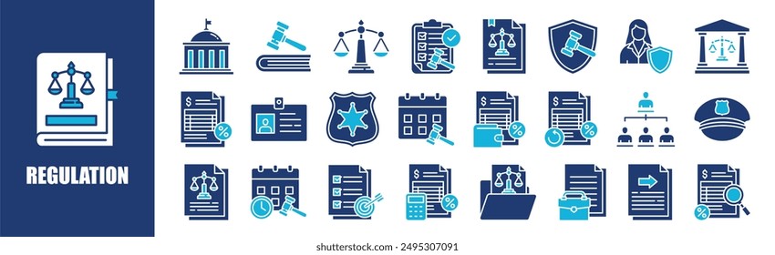 Conjunto de colecciones de iconos de regulación. Contiene diseño, legal, empresarial, legal, tecnología, cumplimiento y más. Iconos de vector sólido colección.	