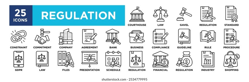 Conjunto de colecciones de iconos de regulación. Que contiene ley de diseño, regulación, legal, cumplimiento, gestión, negocios