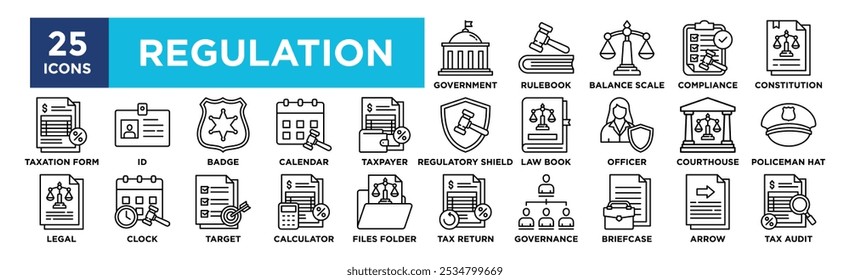 Conjunto de colecciones de iconos de regulación. Que contiene ley de diseño, regulación, legal, cumplimiento, gestión, negocios