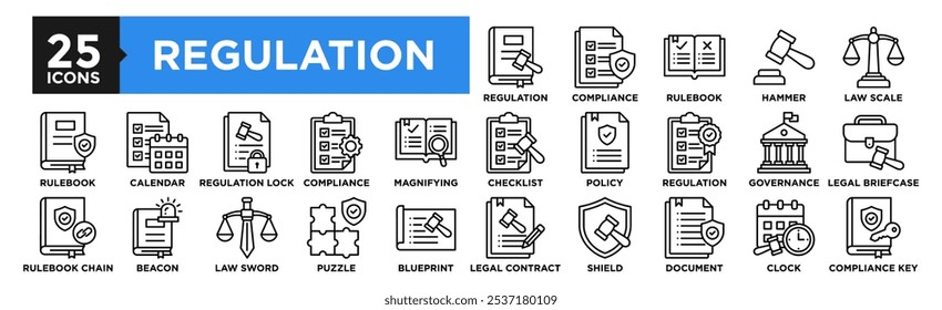 Conjunto de colecciones de iconos de regulación. Que contiene ley de diseño, regulación, cumplimiento, legal, gestión, política