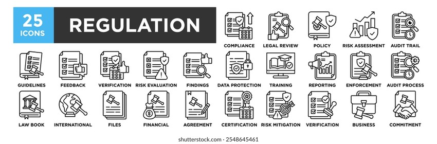 Conjunto de coleta de ícones de regulamento. Contendo verificação de conformidade do projeto, análise jurídica, gerenciamento de políticas, avaliação de riscos, trilha de auditoria