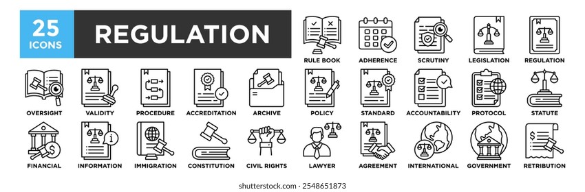 Conjunto de colecciones de iconos de regulación. Diseño del libro de reglas, Adhesión, Escrutinio, Legislación, Regulación