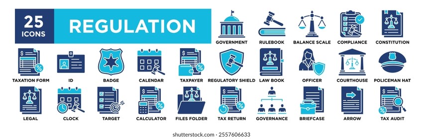 Regulation icon collection set. Containing design law, regulation, legal, compliance, management, business	