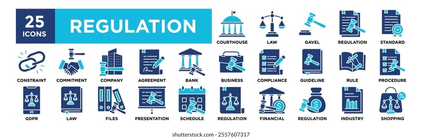 Regulation icon collection set. Containing design law, regulation, legal, compliance, management, business	