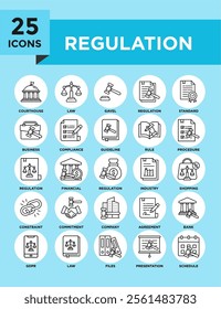Regulation icon collection set. Containing design law, regulation, legal, compliance, management, business	