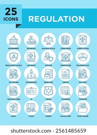 Regulation icon collection set. Containing design law, regulation, legal, compliance, management, business	