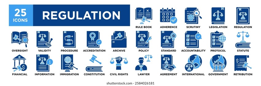 Regulation icon collection set. Containing design Rule Book, Adherence, Scrutiny, Legislation, Regulation	