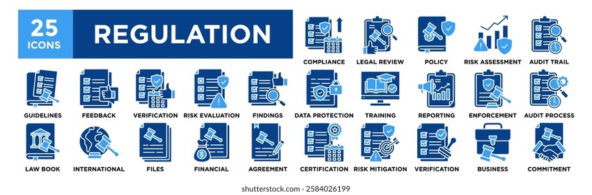 Regulation icon collection set. Containing design Compliance Check, Legal Review, Policy Management, Risk Assessment, Audit Trail	