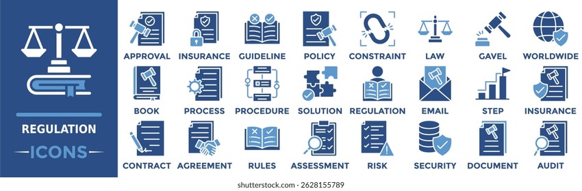 Regulation icon collection set. Containing approval, insurance, guideline, policy, constraint, law, gavel and more. Solid vector icons collection