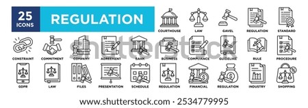 Regulation icon collection set. Containing design law, regulation, legal, compliance, management, business