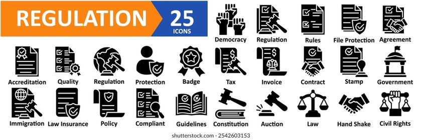 Regulation icon collection set vector illustration concept with icon of Constitution,Auction,Law,Hand Shake,Civil Rights,Democracy,Regulation,Rules,File Protection,Agreement,Accreditation,Quality