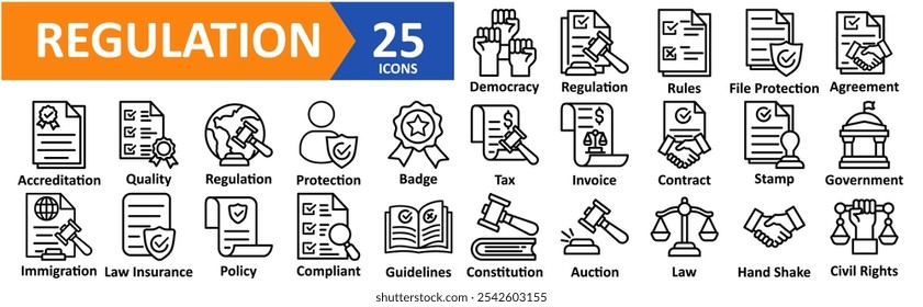 Regulation icon collection set vector illustration concept with icon of Constitution,Auction,Law,Hand Shake,Civil Rights,Democracy,Regulation,Rules,File Protection,Agreement,Accreditation,Quality