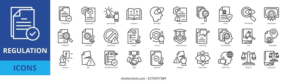 Regulation icon pack collection set with compliance, standard, enforcement, guideline, oversight, rule, audit, policy, monitoring, certification, inspection, licensing, restriction, permit, control