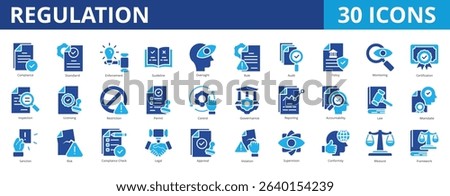 Regulation icon pack dual tone collection set with compliance, standard, enforcement, guideline, oversight, rule, audit, policy, monitoring, certification, inspection, licensing, restriction, permit