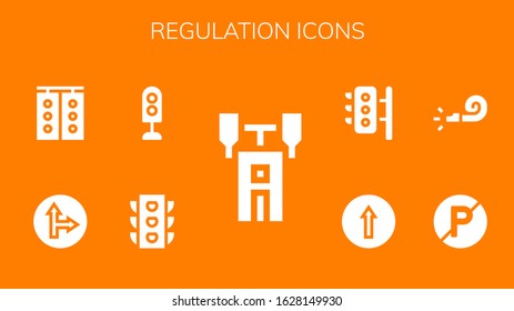 regulation icon set. 9 filled regulation icons.  Simple modern icons such as: Semaphore, Traffic light, Traffic signal, No parking, Whistle, Traffic lights
