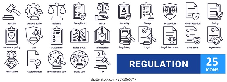 Regulation icon set. with icon auction, justice scale, balance, compliant, justice, security, stamp, protection, file protection, policy, insurance policy, law, guidelines, rules book, information,