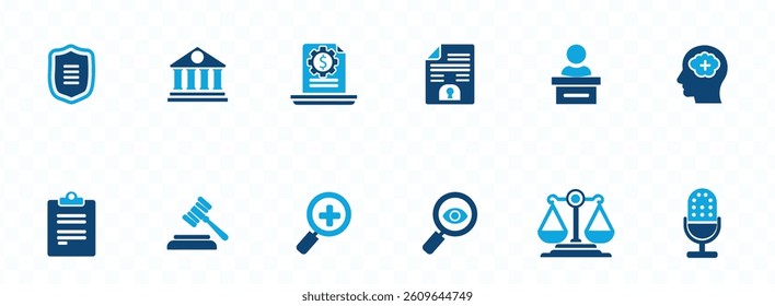 Regulation icon set . Authority, evidence, implementation, objective, guide, association, society, vision, mutineer solid vector 