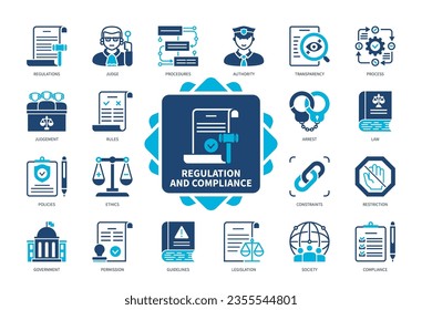 Regulation icon set. Authority, Judgement, Government, Rules, Procedures, Restriction, Policy, Legislation. Duotone color solid icons