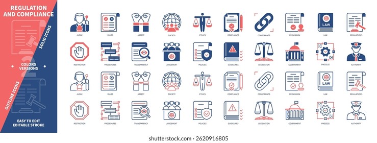 Regulation icon set. Authority, Judgement, Government, Rules, Procedures, Restriction, Policy, Legislation. Duotone color solid and editable outline icons