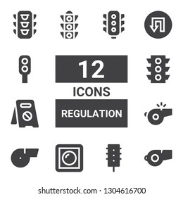 regulation icon set. Collection of 12 filled regulation icons included Whistle, Traffic light, Dimmer, No parking, Traffic signal