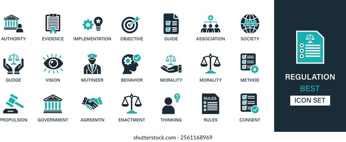 Regulation icon set collection. Authority, evidence, implementation, objective, guide, association, society, vision, mutineer and best solid icon set.
