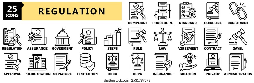 Regulation icon set. Containing law, legal, compliance, policy, standard and more. Solid vector icons collection