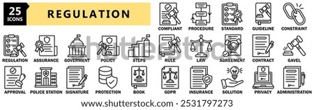 Regulation icon set. Containing law, legal, compliance, policy, standard and more. Solid vector icons collection